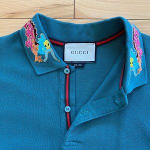 Gucci Men's Polo | 'Embroidered Dragon Collar' Polo | Teal | Men's XL